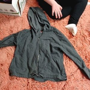 A full polyester gray zip-up women's large jacket